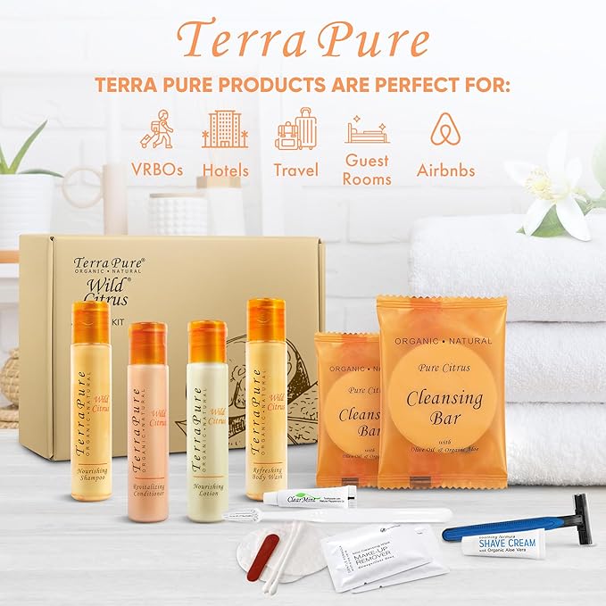 Terra Pure Amenity & Accessory Kit |1 oz Travel Size Shampoo, Conditioner, Lotion, Body Wash, 2 Cleansing Bars, Shave & Dental Sets, Make-Up Remover Wipes, & Vanity Kit | 1 set per case-Velvo Beauty