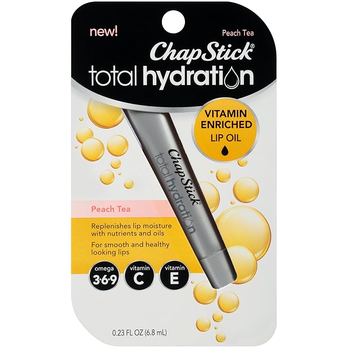 Chapstick Total Hydration Vitamin Enriched Lip Oil, Non Tinted, Vitamin c, vitamin E, Contains Omega 3 6 9, Peach Tea Flavor, 0.23 Fl Oz (Pack of 1)-Velvo Beauty