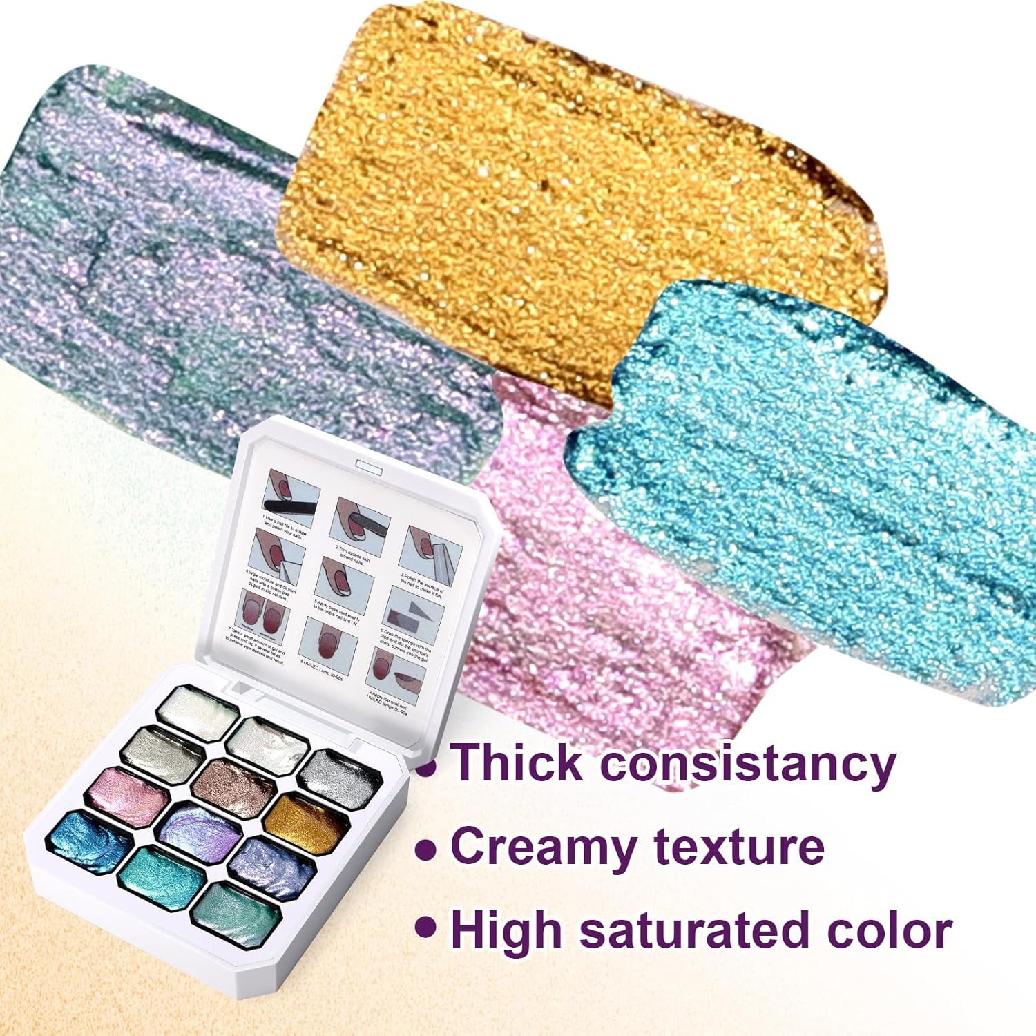 Gradient Painting Gel, 12 Gliter Colors Ombre Gel Nail Polish for Pigment Pat Silver&Gold Pink Blue Aurora color Bright Nails, French Manicure DIY Nail Art No-wipe Palette for Women-Velvo Beauty