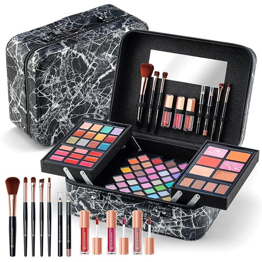 Makeup Kit for Women,All in One Makeup Gift Set for Girls in Cosmetic Train Case (Black) With Mirror,Full Cosmetic Kit Includes Eyeshadow Palette,Lipgloss,Blushes,Pencil,Brush Applicators-Velvo Beauty