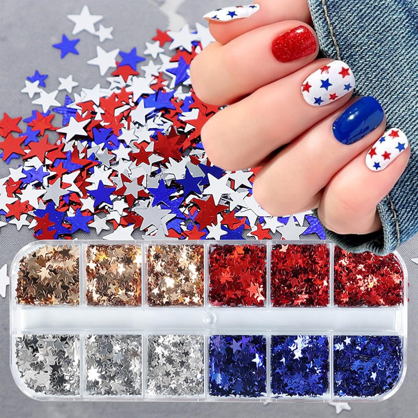 12 Grids Independence Day Nail Sequins，3D Holographic Nails Glitter Laser Star Nail Shining Flakes for Fourth of July Five-Pointed Star Mixed Sequins for America Patriotic Face Makeup Nail Decoration-Velvo Beauty