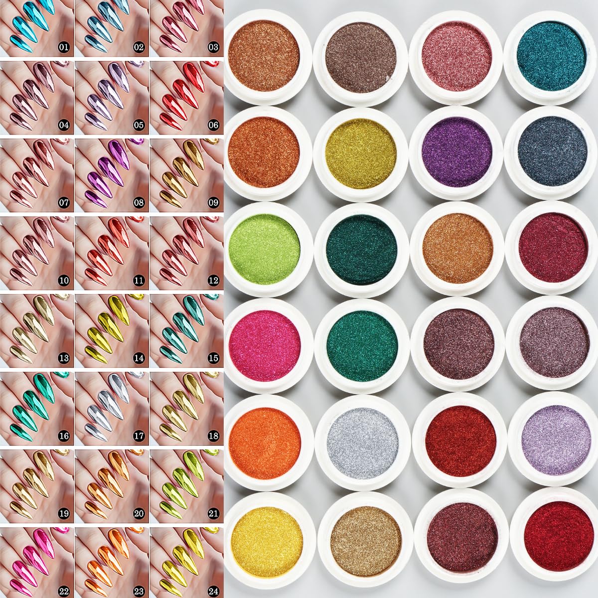 24Pcs Chrome Nail Powder Set - Metallic Mirror Effect Holographic Iridescent Aurora Mermaid Nail Powder Pigment Silver Red Green Gold Nail Chrome Powder for Nails Art Decoration(24 Eye Shadow Sticks)-Velvo Beauty