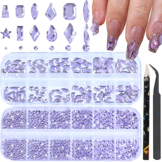 HNUIX Nail Rhinestones - 1600pcs 3D Multi Shape Size, Light Purple Nail Gems, Flat Back, with Kit, for Nail Art, DIY Decorations-Velvo Beauty