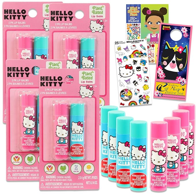 Hello Kitty Lip Balm Tubes - Bundle with 8 Hello Kitty Lip Balms in Assorted Flavors for Party Favors Plus Hello Kitty Stickers, Sticker Activity Book, More | Hello Kitty Party Favors-Velvo Beauty