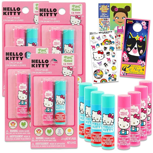 Hello Kitty Lip Balm Tubes - Bundle with 8 Hello Kitty Lip Balms in Assorted Flavors for Party Favors Plus Hello Kitty Stickers, Sticker Activity Book, More | Hello Kitty Party Favors-Velvo Beauty