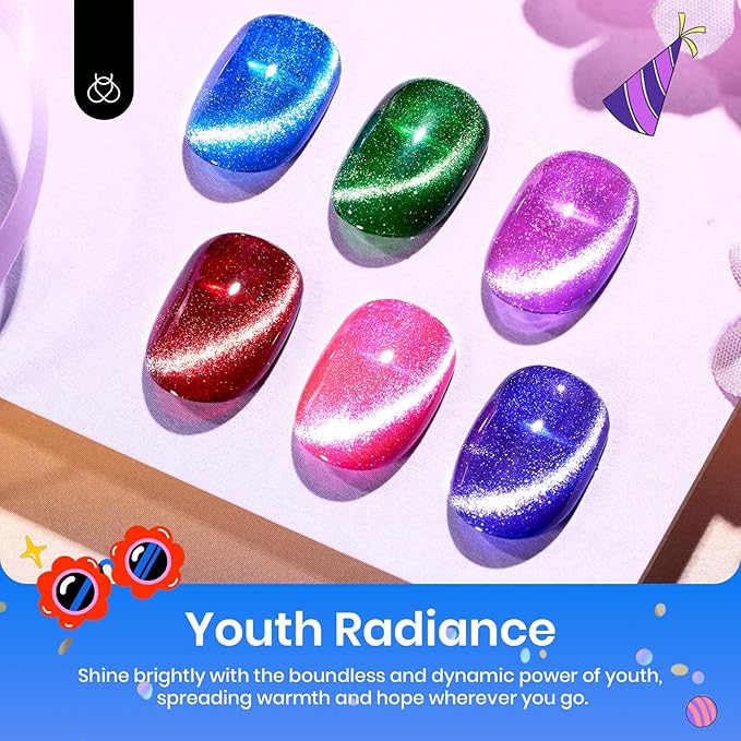 Beetles Cat Eye Gel Nail Polish, 6 Colors Summer Cat Eye Glitter Gel Polish Set Neon Red Pink Purple Blue Green with Magnet Velvet Gel Kit French Nail Art Manicure Gift for Women-Velvo Beauty