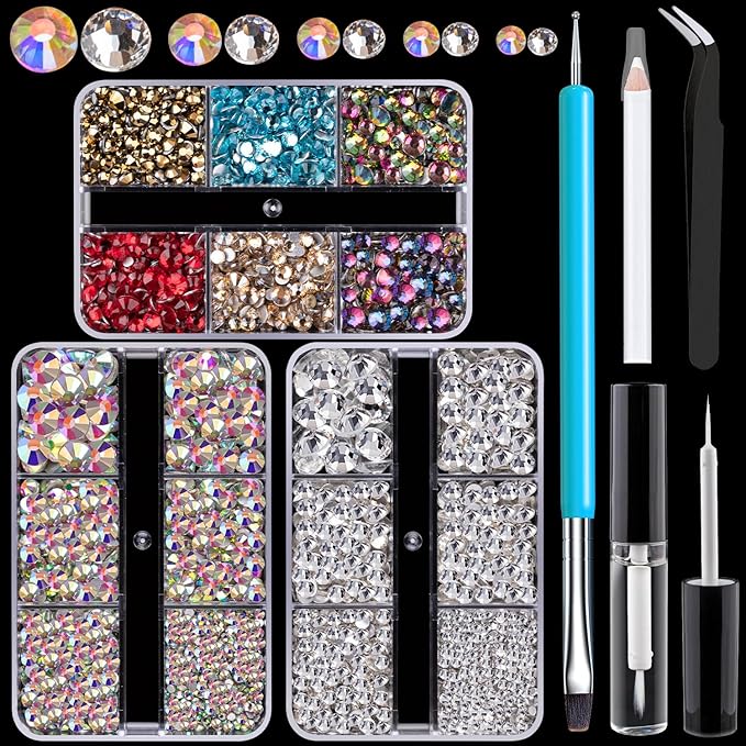 Colorful Face Gems for Makeup Set, Flatback Gorgeous AB+Clear+Mixed-colored Gem with Makeup Glue, Picker Pencil, Makeup Glue, Dual-End Dotting Tool, Tweezer for Eye Body Hair Make-up and Nail Art Deco-Velvo Beauty