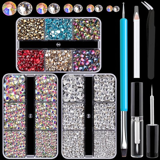Colorful Face Gems for Makeup Set, Flatback Gorgeous AB+Clear+Mixed-colored Gem with Makeup Glue, Picker Pencil, Makeup Glue, Dual-End Dotting Tool, Tweezer for Eye Body Hair Make-up and Nail Art Deco-Velvo Beauty