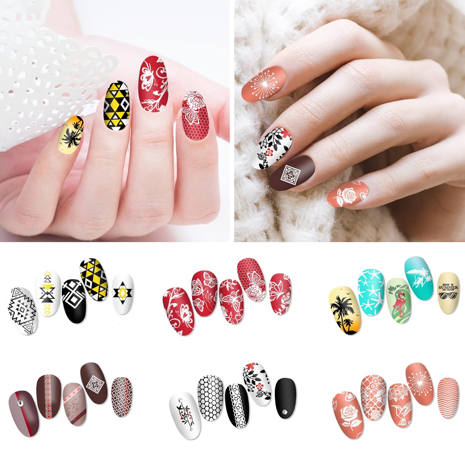 AddFavor Nail Stamper Kit 6pcs Flower Lace Nail Art Stamping Plate Butterfly Leaf Geometry Template with Silicone Nail Stamper and Scraper for Women Girls DIY Fingernail Manicure Stencils Tools-Velvo Beauty