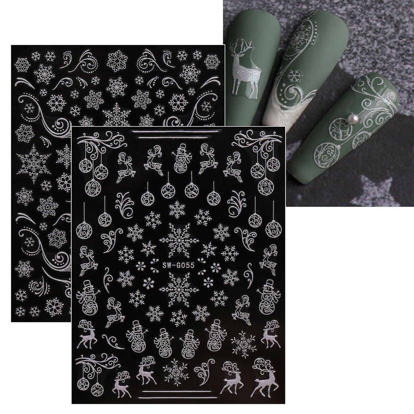 JMEOWIO 9 Sheets Christmas Glitter Nail Art Stickers Decals Self-Adhesive Snowflake Winter Holiday White Nail Supplies Nail Art Design Decoration Accessories-Velvo Beauty