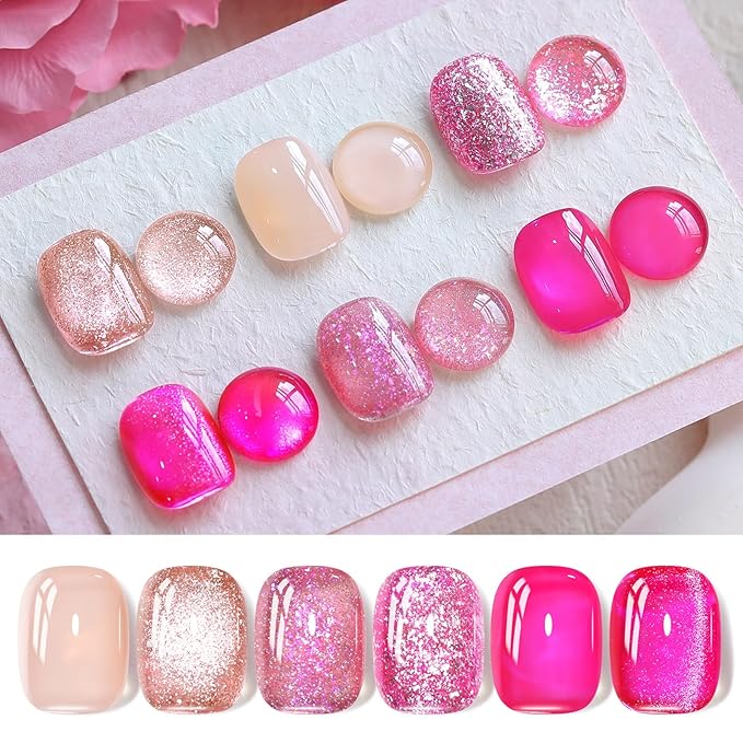 Born Pretty Gel Nail Polish Pink Series,Jelly Transparent Gel Polish, Cat Magnetic Eye,Holographic Glitter Hot Pink Nude Gel Polish for Salon Manicure and Nail Art DIY at Home 6 Colors-Velvo Beauty