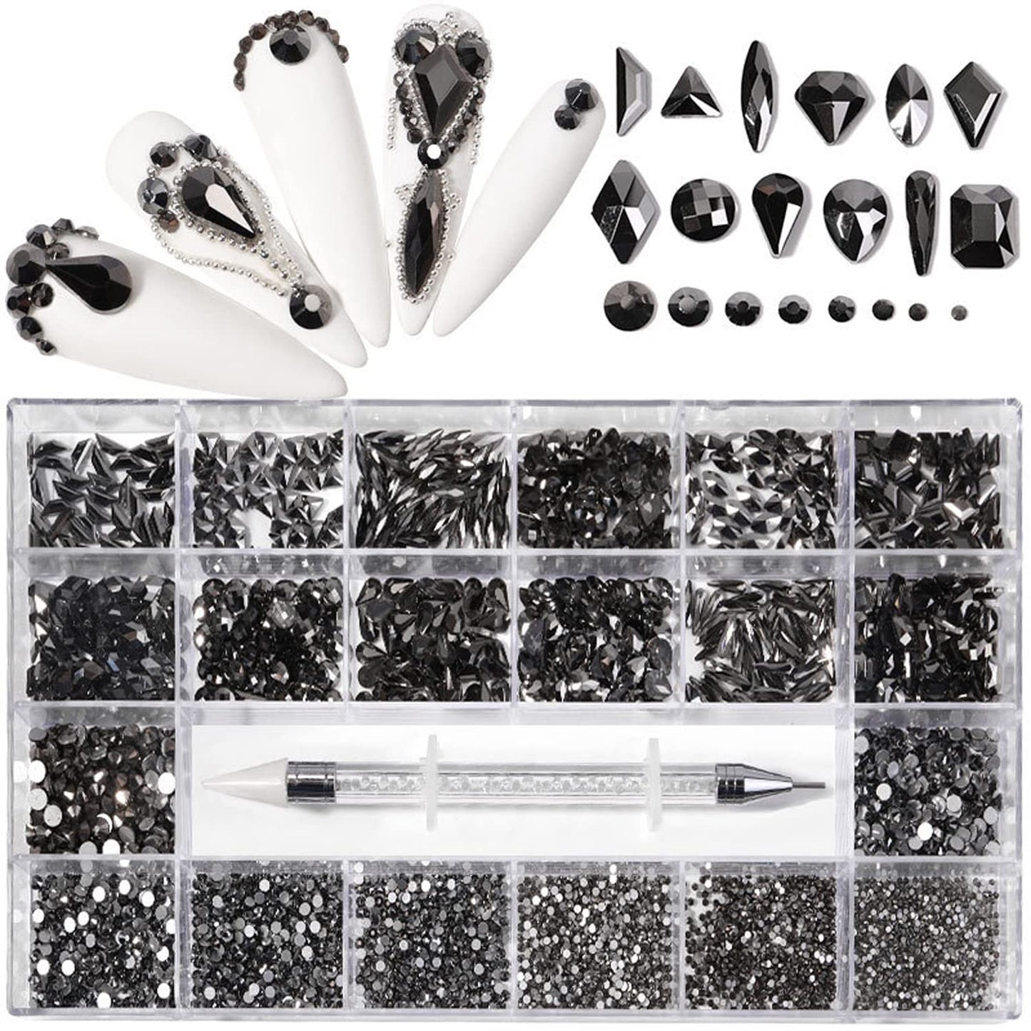 Nail Rhinestones Kit, Nail Art Decorations with Wax Pencil Flat AB Rhinestones Kit DIY Crafts Gemstones for Nail, Shoes, Clothes, Jewels (600 Black Diamonds + 2500 Flat Rhinestones)-Velvo Beauty