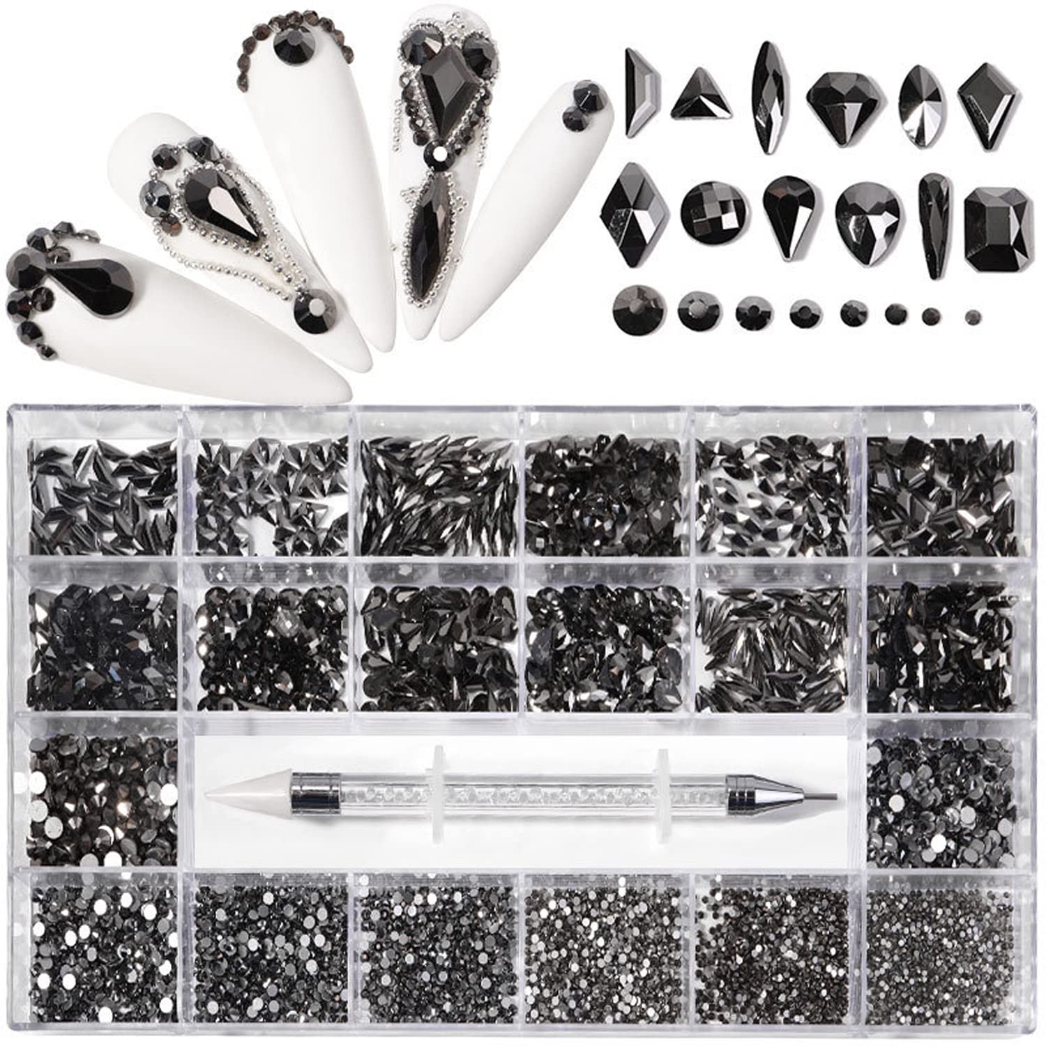 Nail Rhinestones Kit, Nail Art Decorations with Wax Pencil Flat AB Rhinestones Kit DIY Crafts Gemstones for Nail, Shoes, Clothes, Jewels (600 Black Diamonds + 2500 Flat Rhinestones)-Velvo Beauty