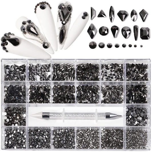 Nail Rhinestones Kit, Nail Art Decorations with Wax Pencil Flat AB Rhinestones Kit DIY Crafts Gemstones for Nail, Shoes, Clothes, Jewels (600 Black Diamonds + 2500 Flat Rhinestones)-Velvo Beauty