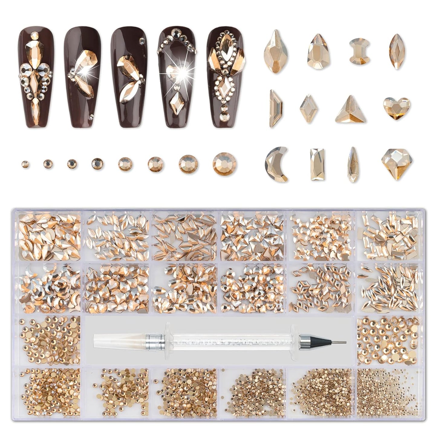 Nail Rhinestones Kit, Nail Art Decorations with Wax Pencil Flat AB Rhinestones Kit DIY Crafts Gemstones for Nail, Shoes, Clothes, Jewels (600 Champagne diamonds + 2500 flat rhinestones)-Velvo Beauty