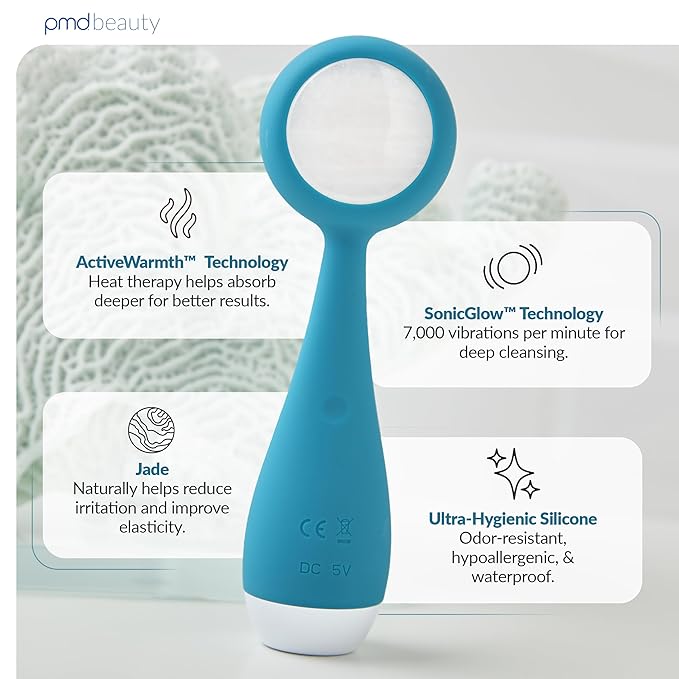 PMD Beauty Clean Pro Jade - Smart Facial Cleansing Device with Silicone Brush & Jade Gemstone ActiveWarmth Anti-Aging Massager - Waterproof - SonicGlow Vibration - Clear Pores & Blackheads-Velvo Beauty