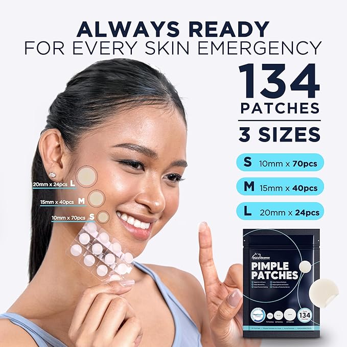 Pimple Patches for Face - 134 Count Hydrocolloid Acne Patches - Zit, Blemish, Cystic Acne Dots & Dark Spot Treatment - Invisible Clear Pimple Patch Stickers for Forehead, Chin, Nose, 3 Sizes (S, M, L)-Velvo Beauty