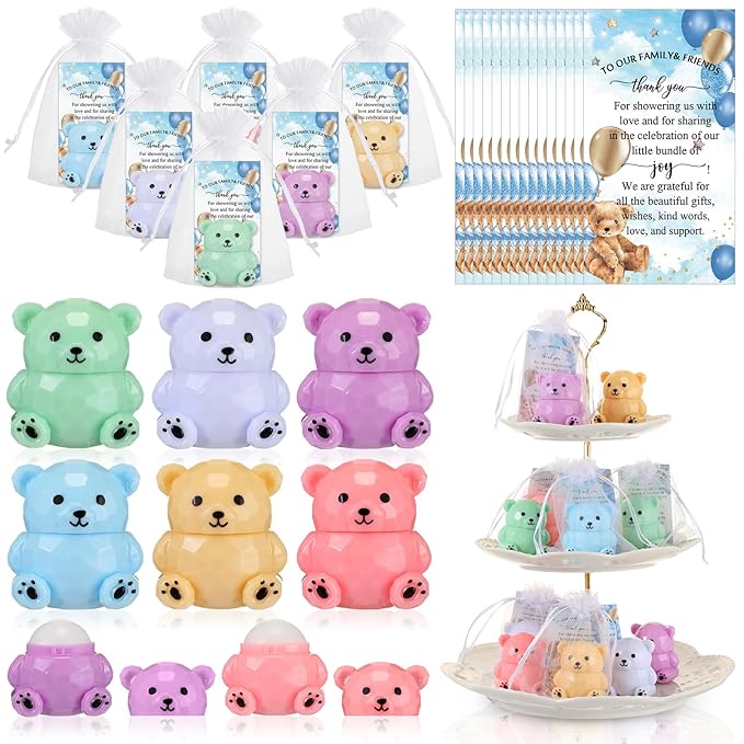24 Sets Baby Shower Bear Lip Balm Favors Bear Lip Care Transparent Lipstick with Gift Bags and Thank You Cards for Baby Shower Gender Reveal Favors Decorations Gift Supplies-Velvo Beauty