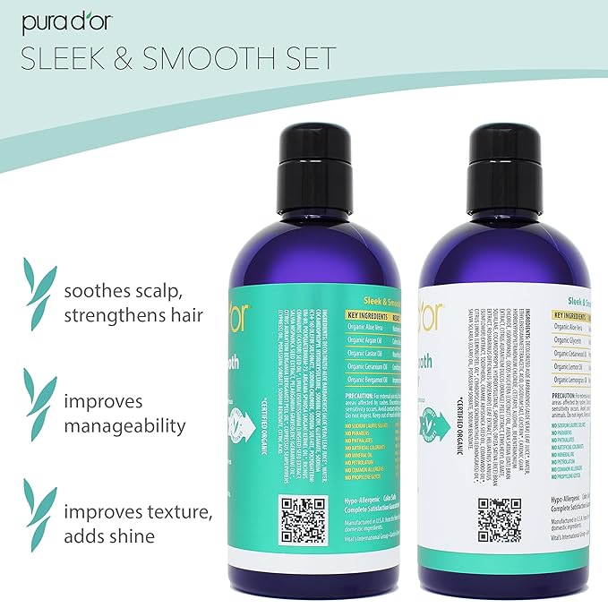 PURA D'OR Sleek & Smooth Shampoo and Conditioner Set For Frizz-Free & Silky Smooth Hair, Infused with Organic Aloe Vera, Argan Oil, Castor Oil, Bergamot Oil & Geranium Oil-Velvo Beauty