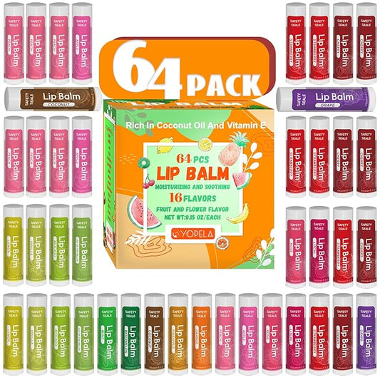 64 Pack Natural Lip Balm Bulk with Vitamin E and Coconut Oil Valentine's Day best choice - Moisturizing, Soothing, and Repairing Dry and Chapped Lips - 16 Flavors - Non-GMO-Velvo Beauty