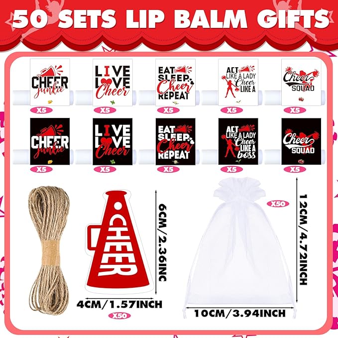 50 Sets Cheer Gifts Bulk 50 Cheer Lip Balm Bulk Moisturizing with 50 Organza Drawstring Gift Bags 50 Tags Cheerleader Gifts Cheer Gifts Bulk for Team (Red)-Velvo Beauty