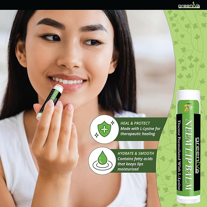 GreenIVe Neem Lip Balm, Vegan Lip Moisturizer with L-Lysine, Soothe and Soften (5)-Velvo Beauty