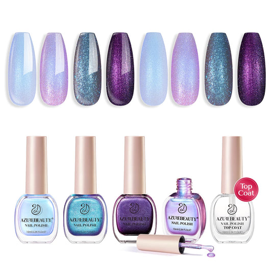 AZUREBEAUTY Holographic Nail Polish Set: 4 Colors Quick Dry Purple Pink Chameleon Fall Winter Natural Fingernail with Top Coat DIY Salon Gift for Women-Velvo Beauty