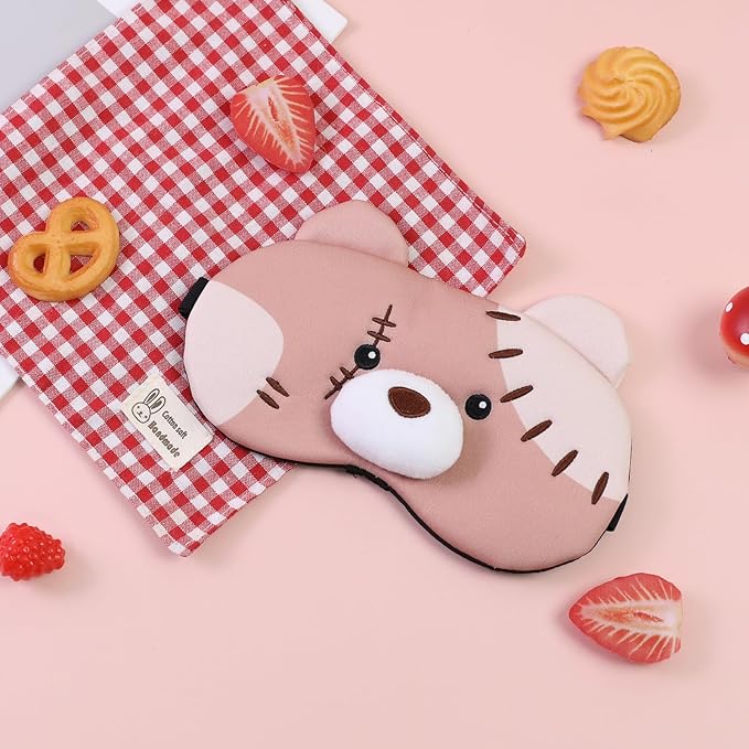 PERFECTSIGHT Sleep Eye Masks, Cute Plush Sleep Eye Cover Lightweight Adjustable Eyeshade Faux Fur Mask Cover for Women Men Kids Sleep Travel Nap, Big Eye Girl, Purple Nose, Brown Pudding Bear-Velvo Beauty