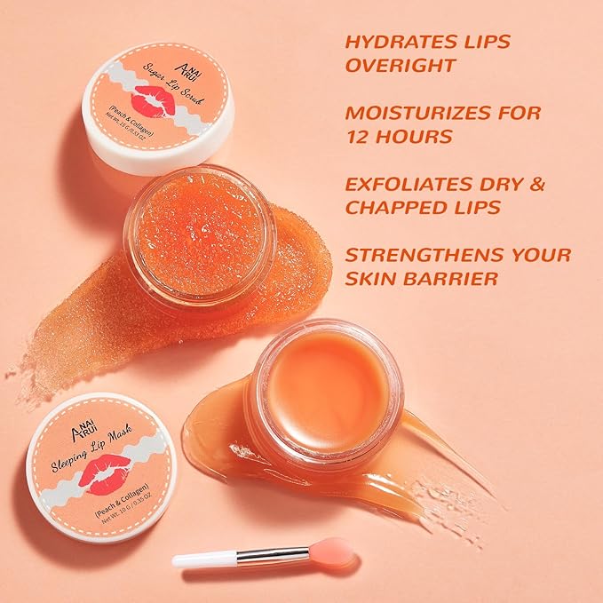 ANAI RUI Lip Balm Mask & Lip Scrub Set, Lip Care Kit, Overnight Lip Treatment with Lip Sleeping Mask & Sugar Lip Exfoliator Scrub, Lip Moisturizer for Dry, Chapped, Dark Lips, Reduce Fine Lines, Peach-Velvo Beauty