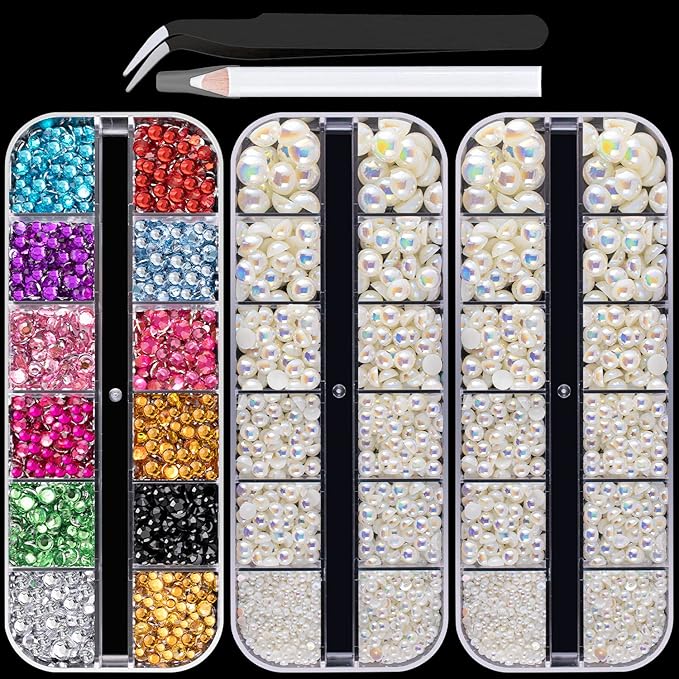Flat Back Rhinestone+Half Round Pearl Kits Colorful Rhinestones+Beige AB Pearls With Picker Pencil And Tweezer For Home DIY And Professional Use-Velvo Beauty