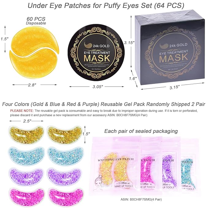 24K Gold Under Eye Patches Gel Eye Pad Hot Cold Eye Mask,Eye Masks Skincare for Removing Dark Circles and Puffiness,Reduce Wrinkles,Eye Bags and Fine Lines (68 Pcs-Velvo Beauty