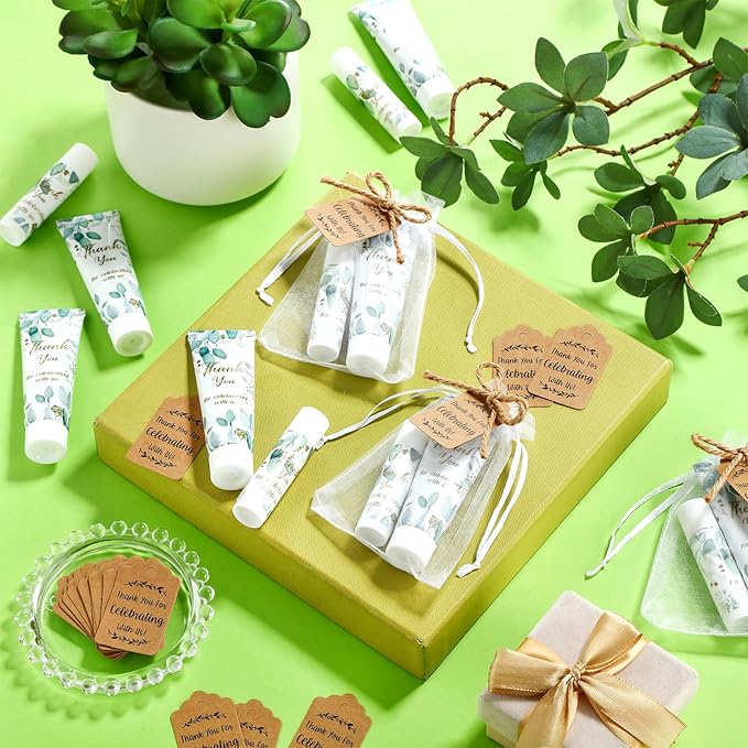 200 Pcs Baby Shower Wedding Party Favors Gift Set, 50 Pcs Baby Shower Hand Cream and 50 Lip Balm for Wedding Bridesmaid Guests Gift Supplies with 50 Organza Bag 50 Thank You Tag(Eucalyptus)-Velvo Beauty