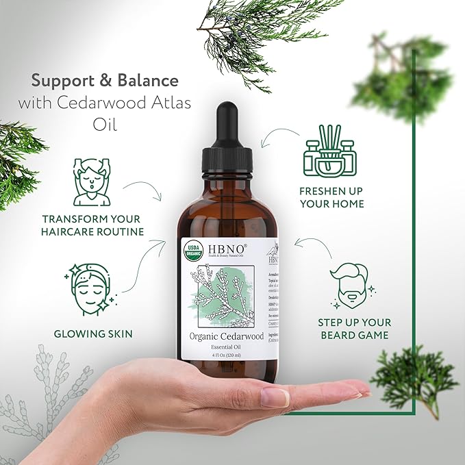 HBNO Organic Cedarwood Essential Oil - Huge 4 oz (120ml) Value Size - USDA Certified Organic Cedarwood Essential Oil for Aromatherapy, Soap Making, DIY, Fragrances, Diffuser.-Velvo Beauty