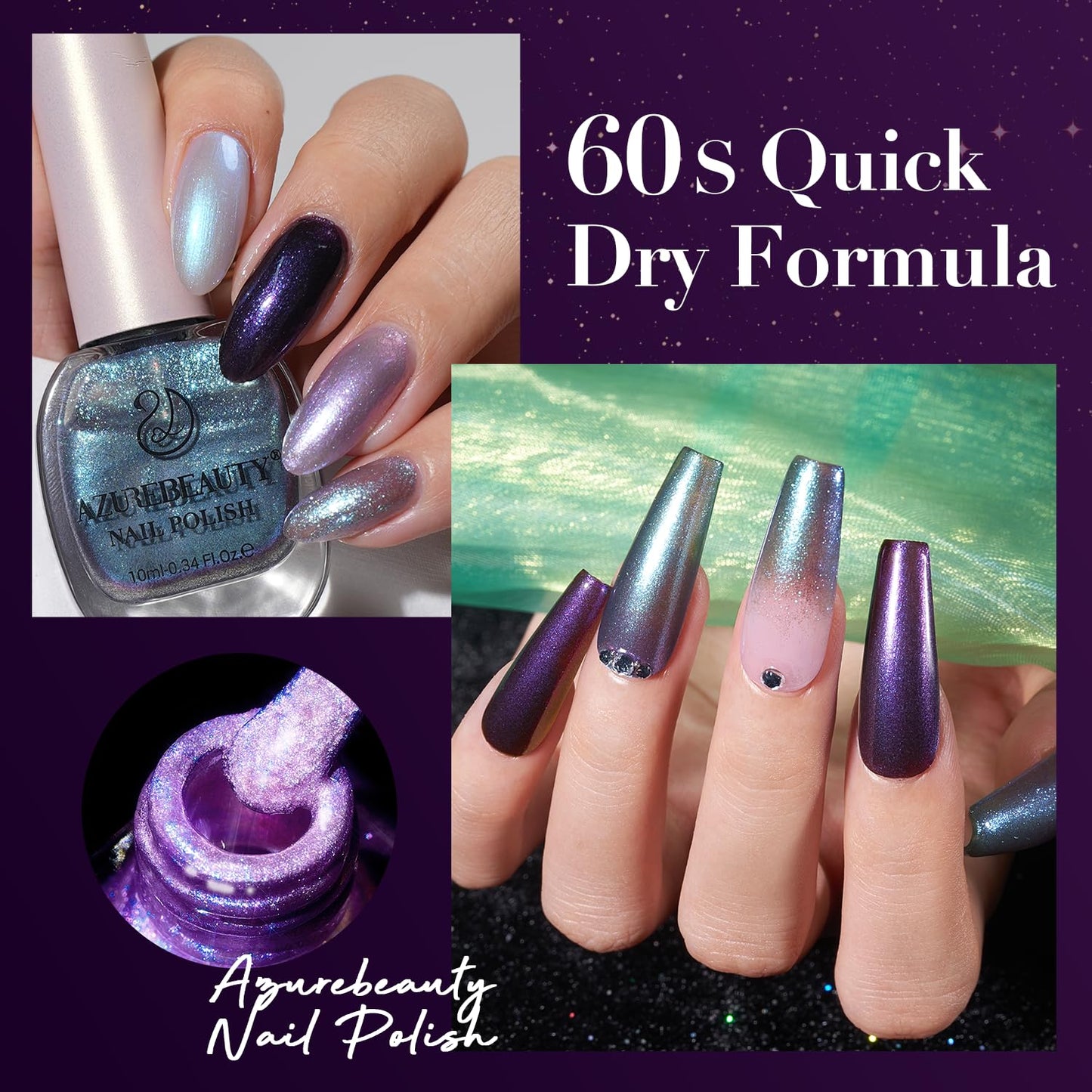 AZUREBEAUTY Holographic Nail Polish Set: 4 Colors Quick Dry Purple Pink Chameleon Fall Winter Natural Fingernail with Top Coat DIY Salon Gift for Women-Velvo Beauty