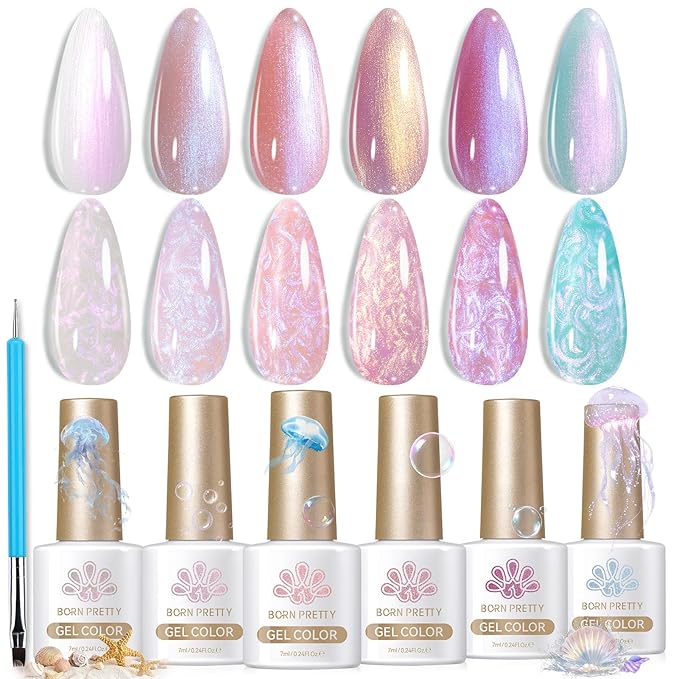 Born Pretty Pearl Gel Nail Polish Aurora Iridescent Glitter Shimmer Mermaid Pearl Gel Polish Drawing Gel Nail Polish Shell Swirl Thread Effect Nail Gel Soak Off Led Summer DIY Gift 6PCS-Velvo Beauty