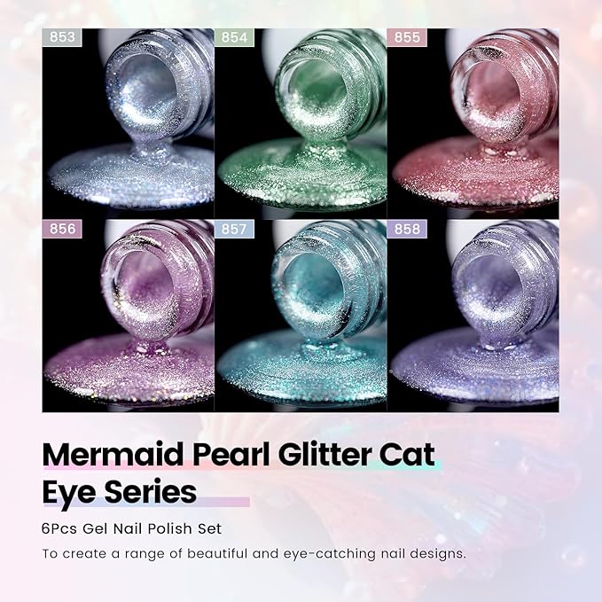 RARJSM Aurora Mermaid Cat Eye Gel Nail Polish Set 6 Colors Velvet Silver Glitter Pink Green Blue Purple Galaxy Star Shimmer Gel Polish with Magnetic Stick UV LED Curing Requires Soak Off Home Salon-Velvo Beauty