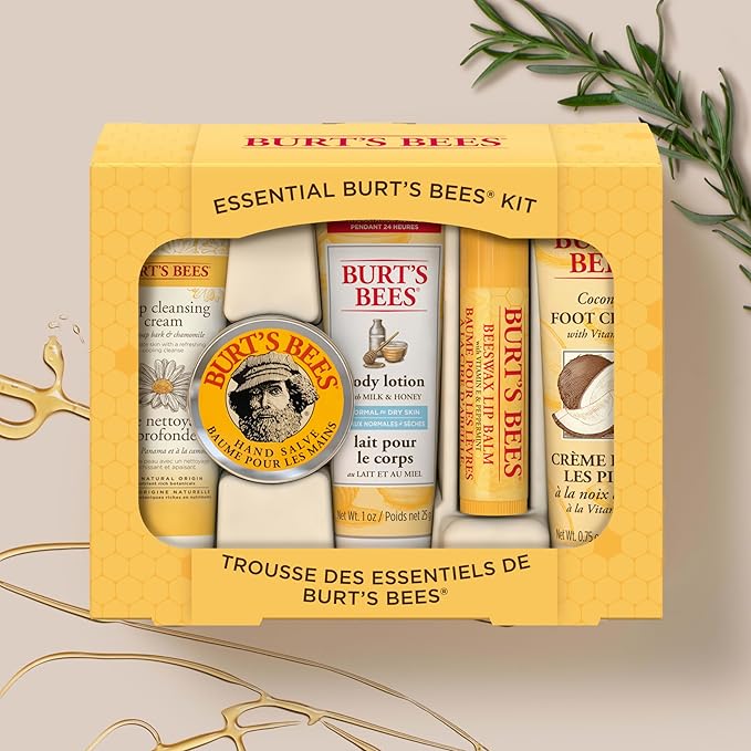 Burt's Bees Back to School Gifts Ideas, 5 Body Care College Dorm Products, Everyday Essentials Set - Original Beeswax Lip Balm, Deep Cleansing Cream, Hand Salve, Body Lotion & Foot Cream, Travel Size-Velvo Beauty