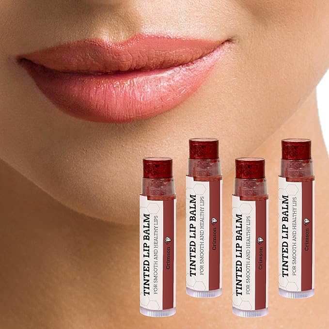 Tinted Lip Balm by Earth’s Daughter – 4 Pack of Crimson Color – Beeswax, Coconut Oil, Cocoa Butter, Vitamin E – Moisturize and Beautify – Paraben Free-Velvo Beauty