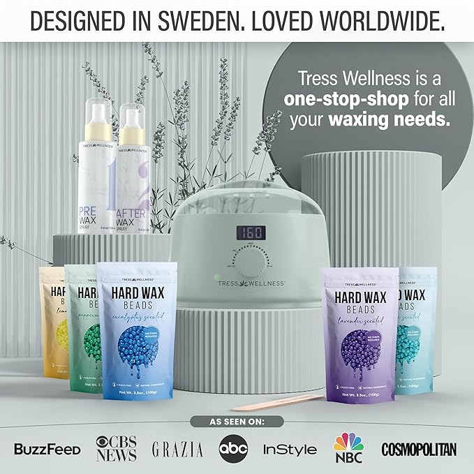 Tress Wellness Waxing Kit for Sensitive Skin – Safe for Face & Skin, Prep & Aftercare Spray, Easy to Use – At-Home Kit for Face, Bikini, Brazilian & Full Body - Digital Display, Green-Velvo Beauty