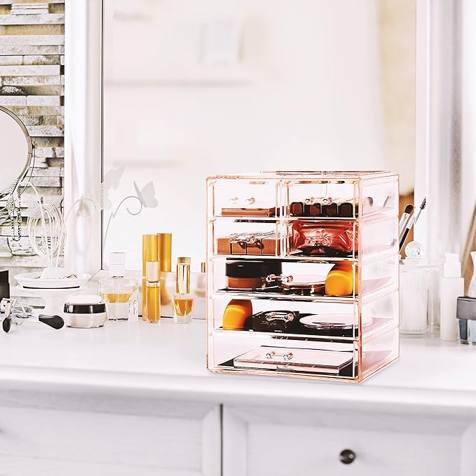 Sorbus Acrylic Makeup Organizer - Organization and Storage Case for Cosmetics Make Up & Jewelry - Big Clear Makeup Organizer for Vanity, Bathroom, College Dorm, Closet, Desk (3 Large, 4 Small Drawers)-Velvo Beauty