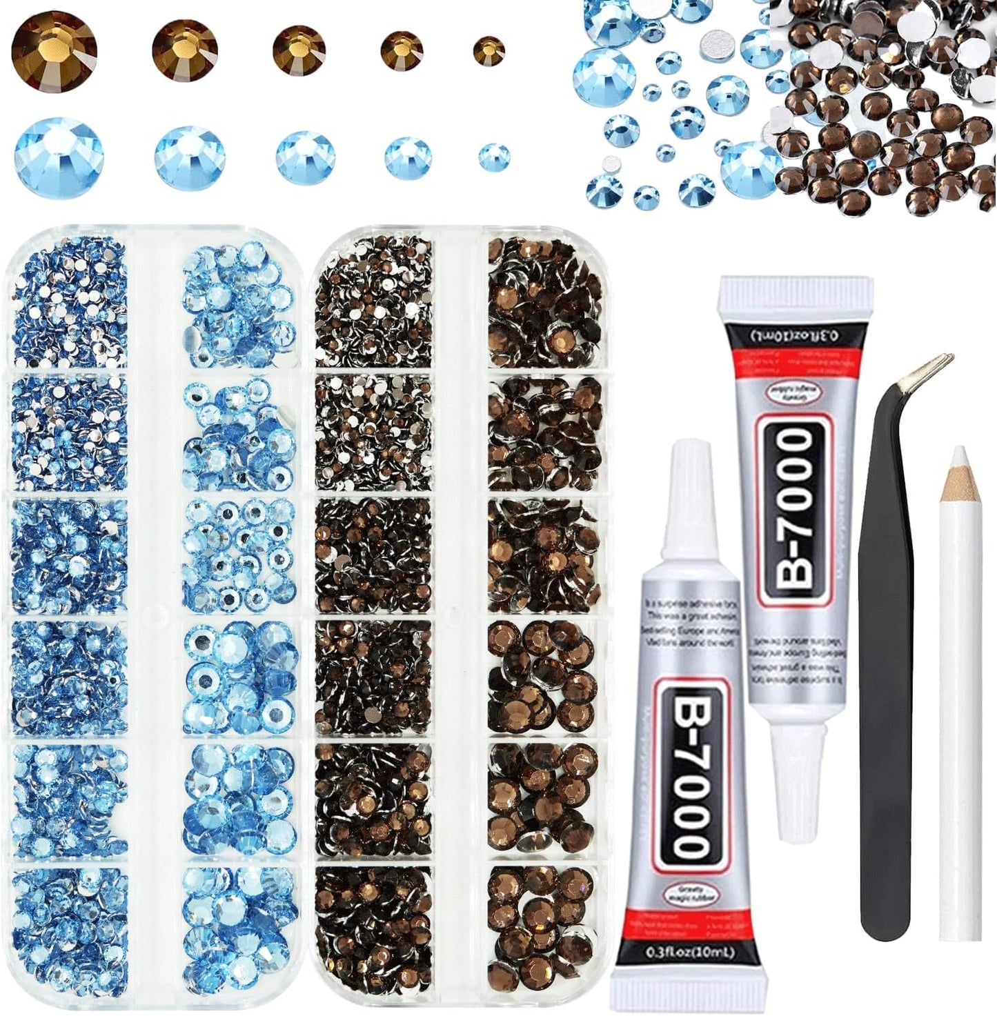 Rhinestones for Bedazzling with B7000 Glue, Light Blue Brown 2mm 3mm 4mm 5mm 6mm (SS8-SS30) Non-Hotfix Flatback Diamonds Kit, Nail Crystals Gems Beads for Bedazzle Crafting, DIY Nail Art-Velvo Beauty