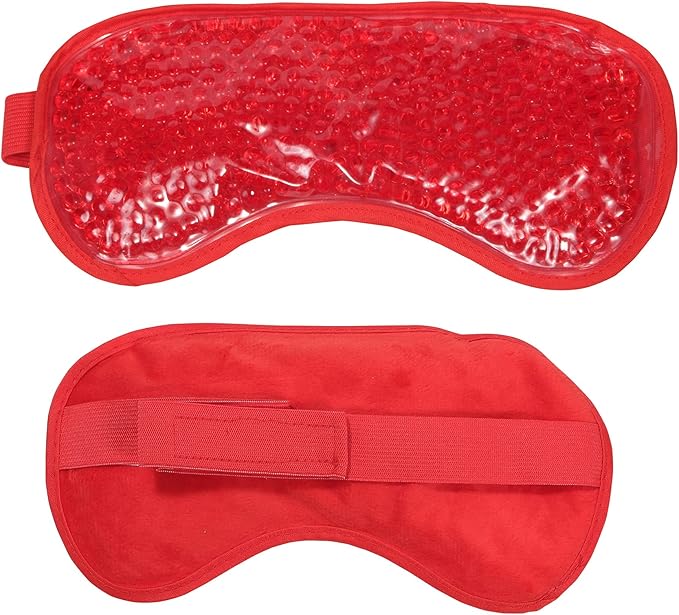 HOT +Cold Aqua Pearls Plush Eye Mask with Soft Plush Backing and Fully Adjustable Strap, Bonus Mini Round pad-2PACKS(Red, Eye Mask+ Mini Round Pad)-Velvo Beauty