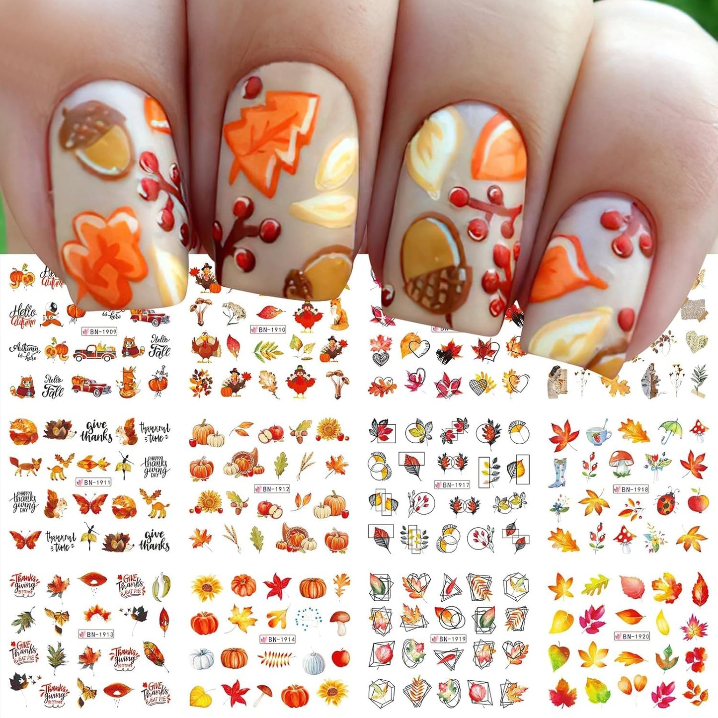 Fall Maple Leaf Nail Art Stickers Autumn Nail Art Water Decals Transfer Nail Supplies Maple Leaves Turkey Pumpkin Design Slider Sticker for Women Acrylic Nail Fall Thanksgiving Nail Decorations 12 PCS-Velvo Beauty