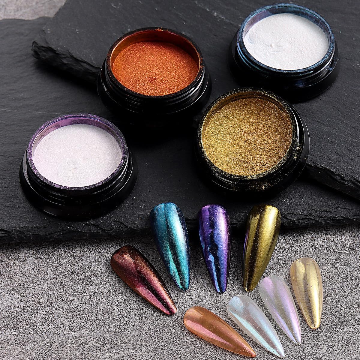 10Pcs Chrome Nail Powder Set, Holographic Unicorn Laser Nail Powder, Aurora Mermaid Iridescent Chameleon Mirror Effect Pigment Glitter Dust for Salon Home Nail Art DIY Decorations-Velvo Beauty