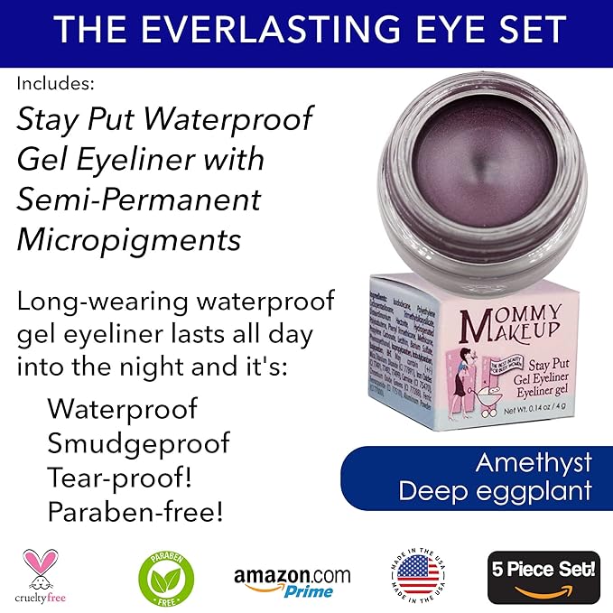 The Everlasting Eye 5 Piece Waterproof Makeup Set. Gel Eyeliner, Creme Eyeshadow, 2 brushes and Mesh Bag. Paraben-free, Talc-free, Cruelty-free. Elsa/Amethyst 1106-Velvo Beauty