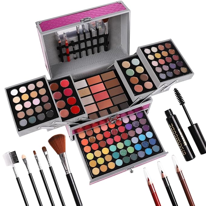 All in One Makeup Gift Set for Women Girls Full Kit, Includes Eyeshadow, Lipstick, Concealer, Highlighter, Eyebrow Powder, Blush, Contour, Lip Liners, Eyeliner, Brushes (Cerise)-Velvo Beauty