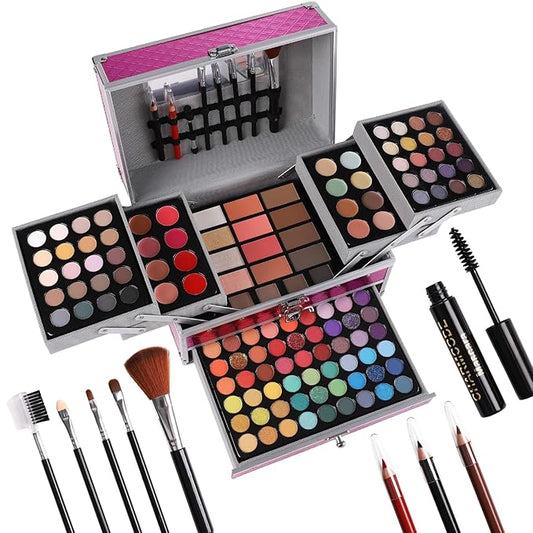 All in One Makeup Gift Set for Women Girls Full Kit, Includes Eyeshadow, Lipstick, Concealer, Highlighter, Eyebrow Powder, Blush, Contour, Lip Liners, Eyeliner, Brushes (Cerise)-Velvo Beauty