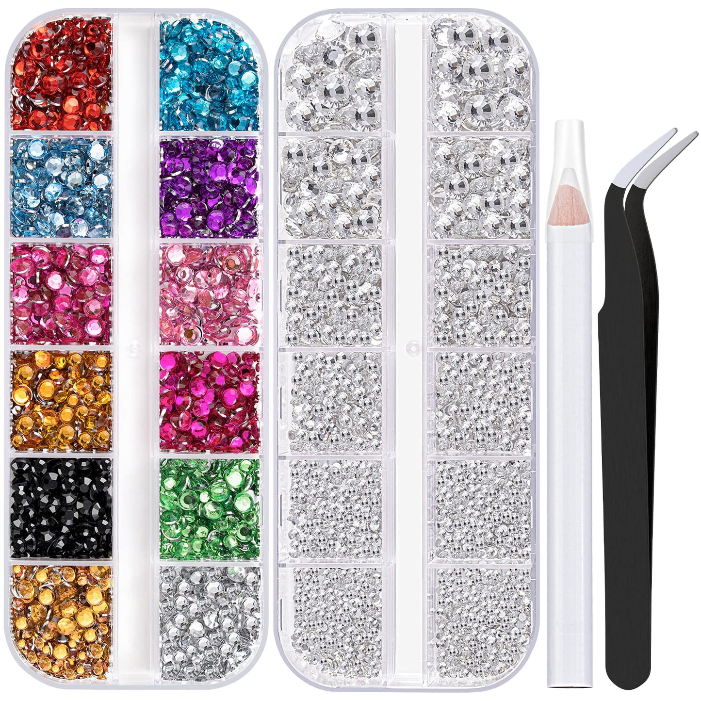 Two Packs of Flatback Rhinestones 4520 Pcs Colorful Nail Art Rhinestones Flatback Crystal Colorful+Transparent White Rhinestone with Picker Pencil and Tweezer for Nail Art and Decoration-Velvo Beauty