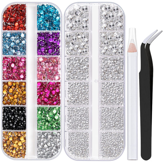 Two Packs of Flatback Rhinestones 4520 Pcs Colorful Nail Art Rhinestones Flatback Crystal Colorful+Transparent White Rhinestone with Picker Pencil and Tweezer for Nail Art and Decoration-Velvo Beauty