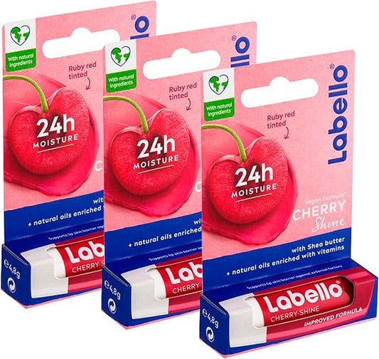 3 LABELLO CHERRY FRUITY SHINE LIP BALM STICK CARE BEAUTY SOFT SMOOTH SPF 10 NEW-Velvo Beauty